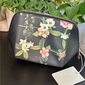 Ted Baker Black Floral Cosmetic Pouch with Pink & White Blooms